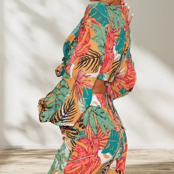 Pretty Little Thing Orange Big Leaf Tie Front Wide Leg Beach 2-Pc Set Sz10 NWT - Picture 2 of 14